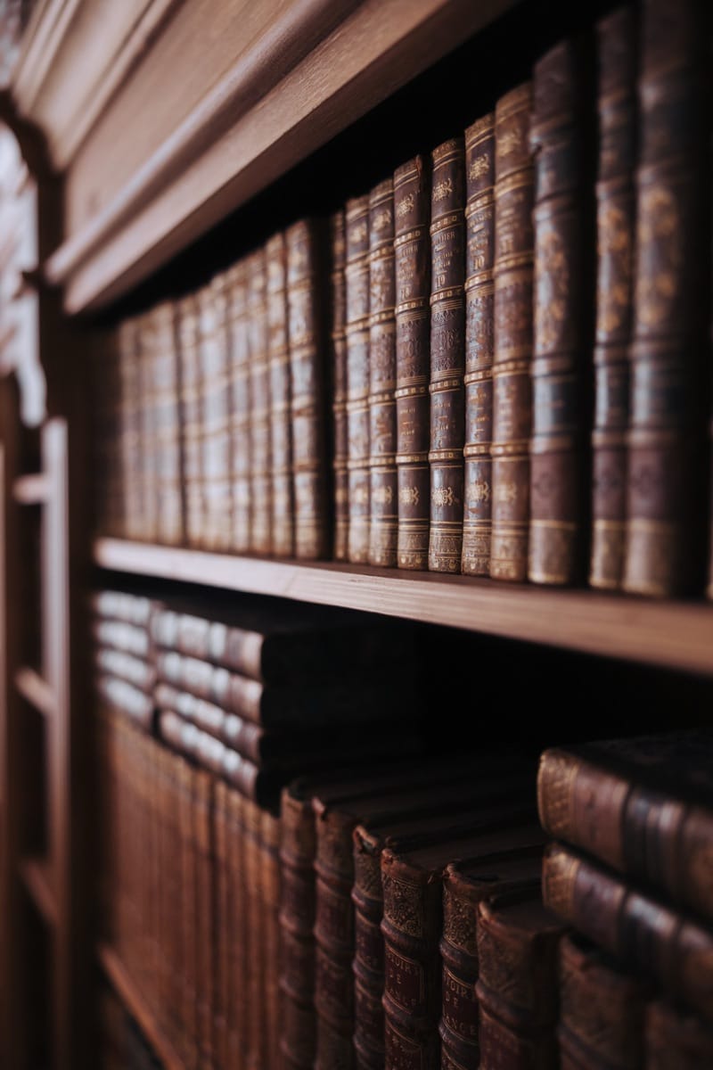 Leather-bound book spines from the recreated reading room of a 19th-century print dealer